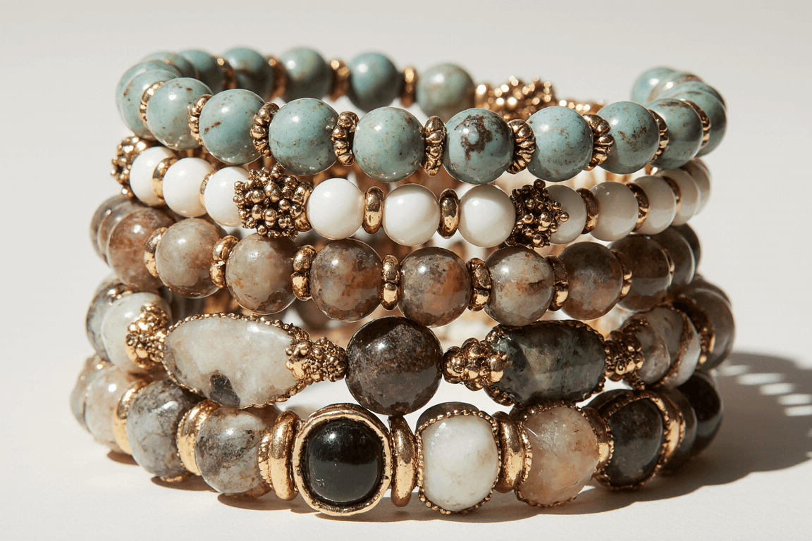 A beautifully stacked set of boho-chic semi-precious bracelets