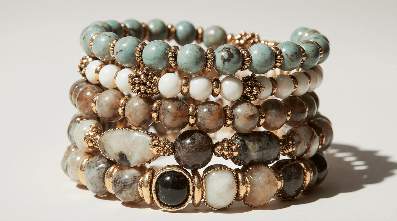 A beautifully stacked set of boho-chic semi-precious bracelets