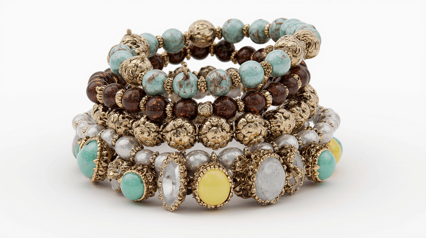 A beautifully stacked set of boho-chic semi-precious bracelets