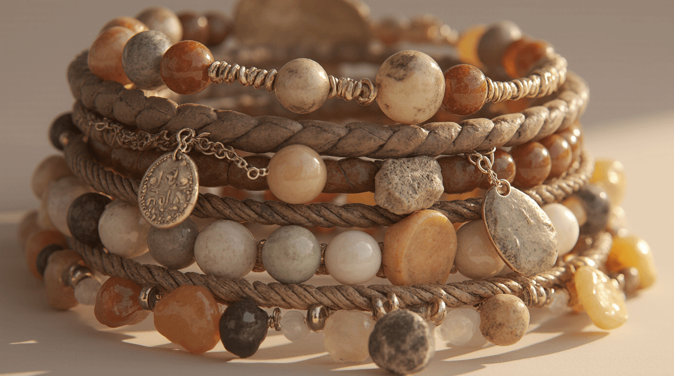 A beautifully stacked set of boho-chic semi-precious bracelets