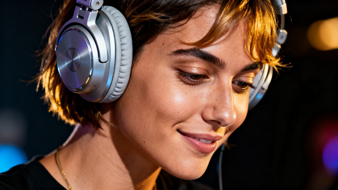 A image of a Female DJ wearing Headphones