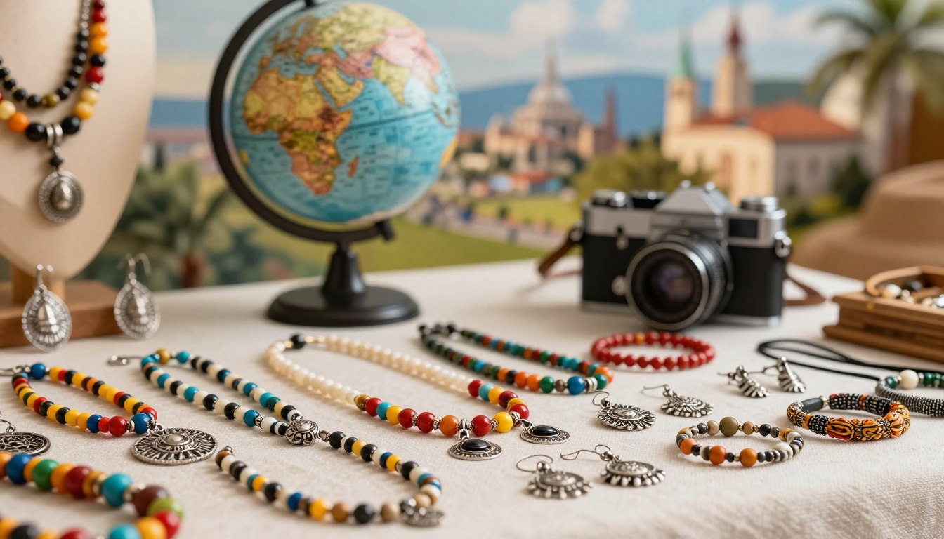 A beautifully arranged display of popular travel souvenirs, focusing on an exquisite selection of jewelry pieces from different cultures around the world. In the foreground, showcase a variety of jewelry items such as colorful beaded necklaces, intricate silver earrings, and handmade bracelets, all resting on a soft, textured fabric. The middle ground features a small decorative globe and a vintage camera, hinting at the travel theme. In the background, a softly blurred landscape of iconic travel destinations provides context, with warm, diffused lighting creating an inviting atmosphere. The composition should evoke a sense of nostalgia and adventure, highlighting jewelry as the perfect travel memento. Use a shallow depth of field to draw attention to the jewelry, while the overall mood remains bright and cheerful, embodying the joy of exploration and discovery.