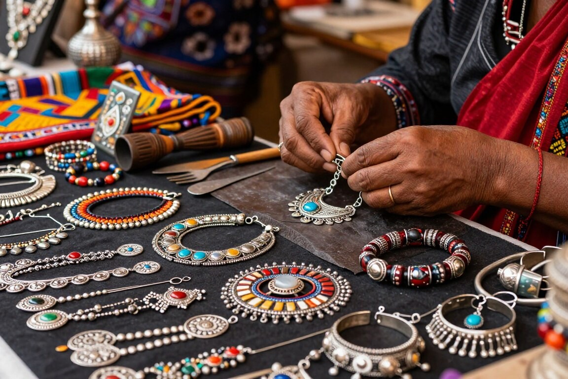 A beautifully arranged display of assorted jewelry souvenirs showcasing cultural authenticity and artisan craftsmanship. In the foreground, feature intricately designed handmade necklaces, bracelets, and earrings made from local materials like silver, gemstones, and beads. The middle ground should include a skilled artisan's hands delicately working on a piece, surrounded by traditional tools and vibrant fabrics. The background displays a softly blurred marketplace, with colorful stalls and authentic cultural artifacts. Use warm, natural lighting to create a welcoming atmosphere, highlighting the craftsmanship and intricate details of the jewelry. The perspective should be slightly angled to emphasize depth, capturing the essence of a vibrant cultural scene.