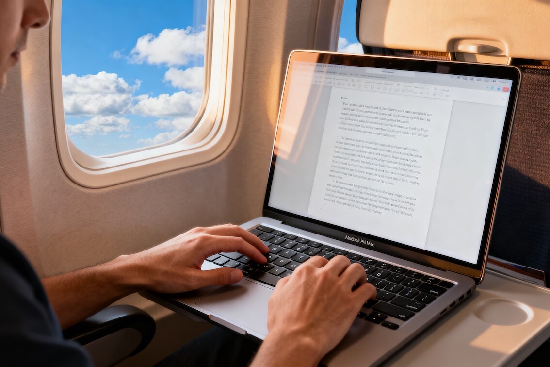 A image of man working on his Macbook Pro M4 on a plane
