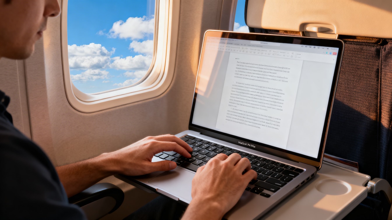 A image of man working on his Macbook Pro M4 on a plane