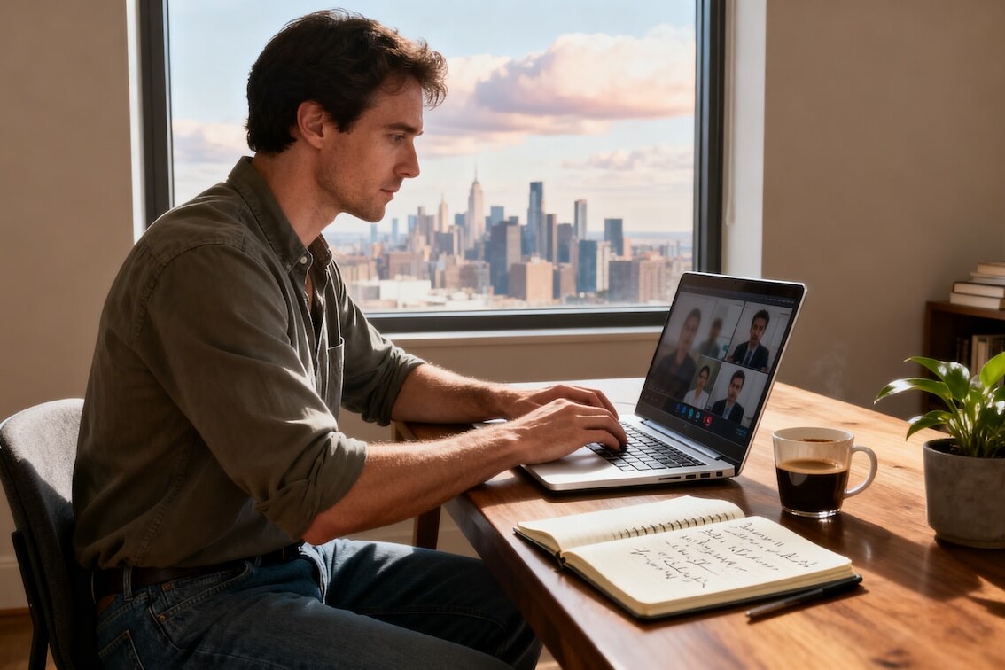 A image of a male working remotely on his compute from his home