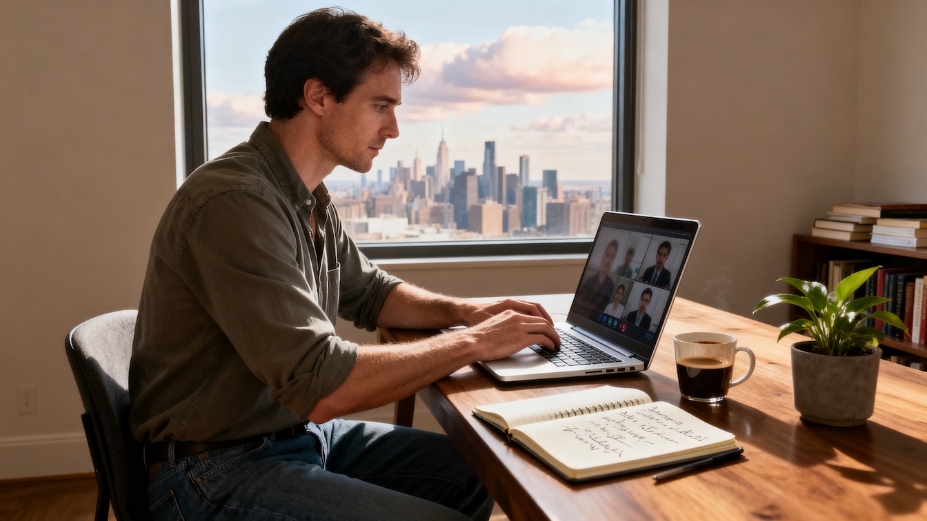 A image of a male working remotely on his compute from his home