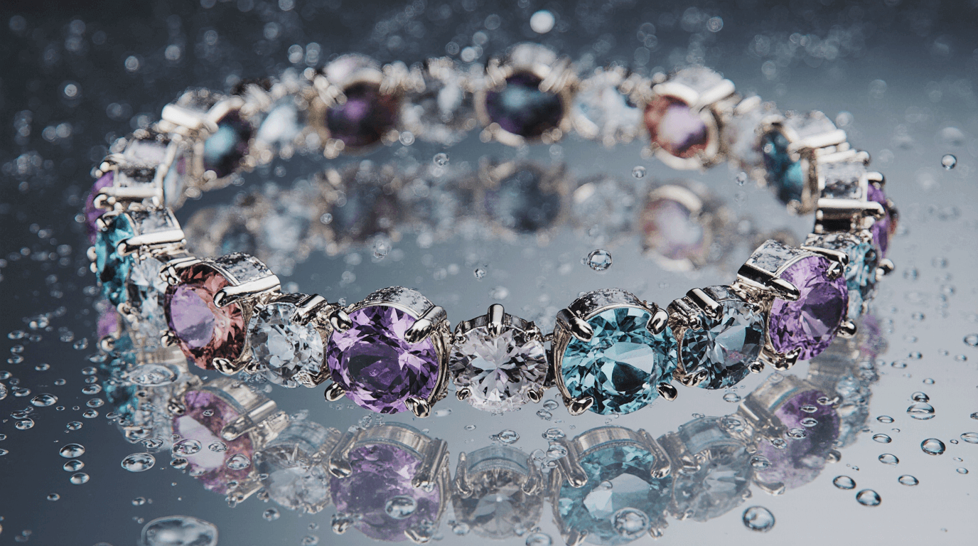 Water droplets on a semi-precious gemstone bracelet