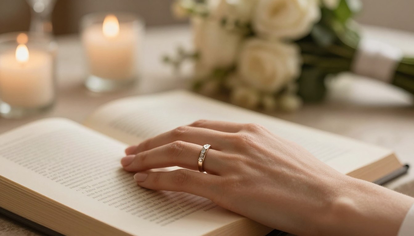 Image of a Woman's hand laying on a book while wearing a wedding ring