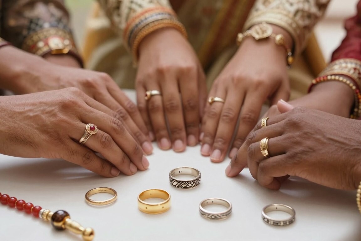 A beautifully arranged display showcasing wedding rings from various cultures around the world. In the foreground, feature a selection of rings: a traditional Indian mangalsutra, a classic Western gold band, a unique African ring with intricate patterns, and a Japanese couple's ring set. In the middle, depict hands of diverse ethnicities, each delicately showcasing their wedding ring on the ring finger, representing cultural variations. The background should be softly blurred to highlight the rings and hands, with warm, natural lighting creating an intimate atmosphere. Capture this scene from a slightly elevated angle, evoking a sense of connection and love across cultures. The overall mood should be warm and inviting, celebrating the significance of wedding rings globally.